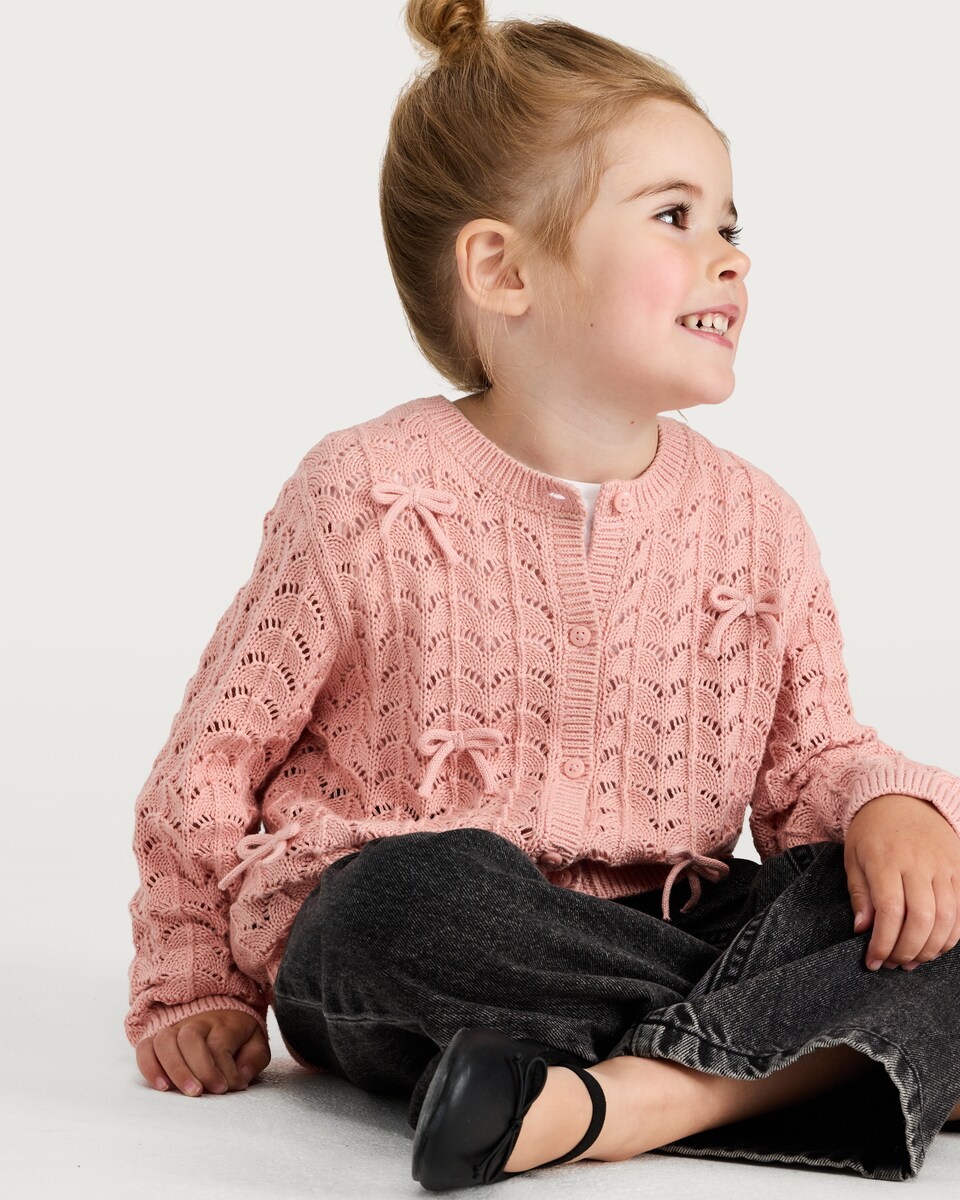 image 1 of F&F Girls Pure Cotton Bow Detail Knitted Cardigan in Pink