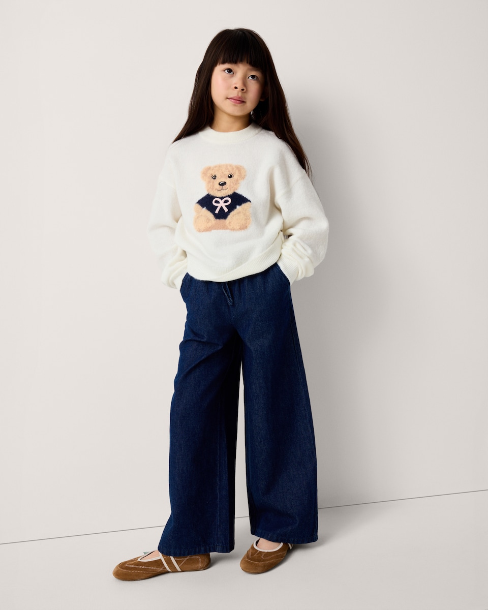 image 1 of F&F Girls Teddy Bear Knitted Jumper in Cream