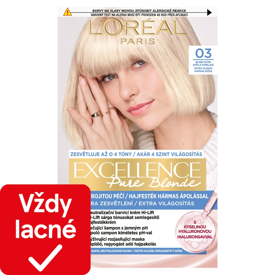 L'Oréal Paris Excellence Pure Blonde 03 Blond ultra světlá popolavá, 72 ml + 48 ml + 12 ml + 60 ml