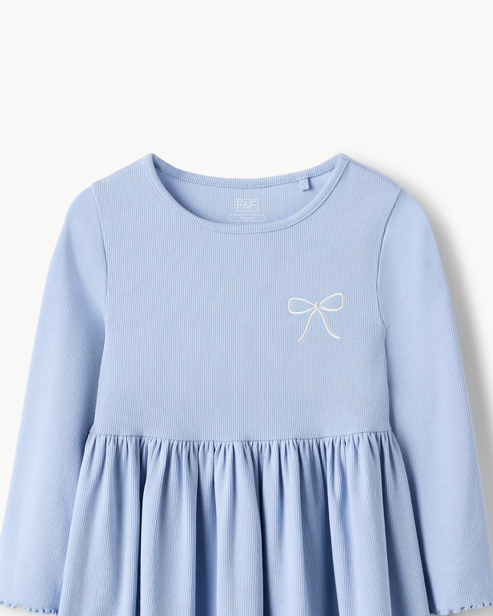 image 1 of F&F Girls Cotton Rich Ribbed Embroidered Bow Dress in Blue