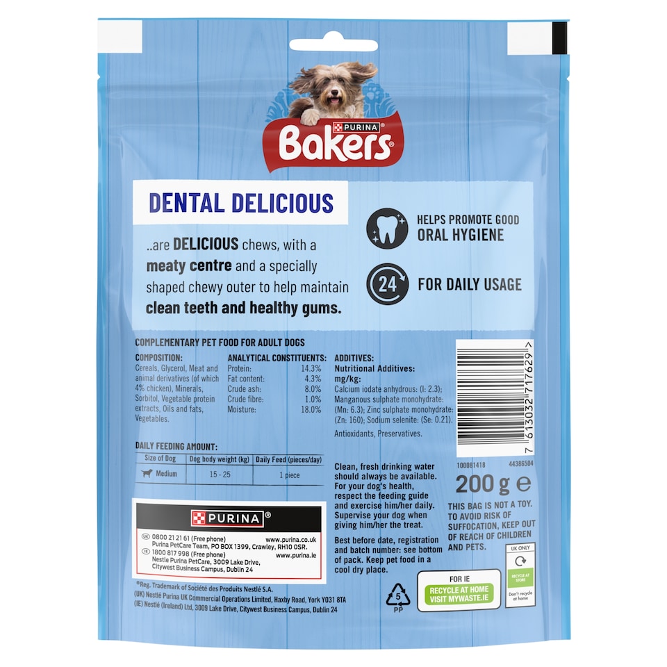 image 1 of BAKERS Dental Delicious Medium Chicken Dog Chews 200g