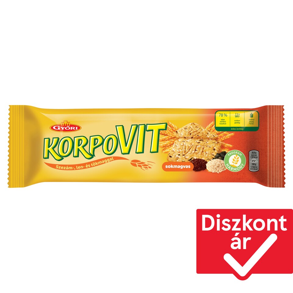 Győri Korpovit ropogós, édes keksz teljes kiőrlésű gabonával és magokkal 174 g