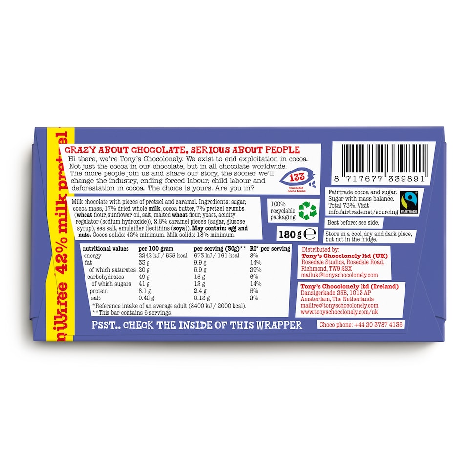 image 1 of Tony's Chocolonely Dark Milk Chocolate Pretzel Toffee 42% 180G