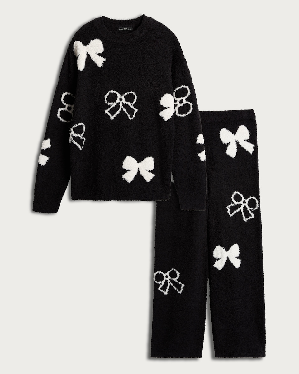 image 1 of F&F Textured Bow Print Sweatshirt and Trousers Pyjamas in Black