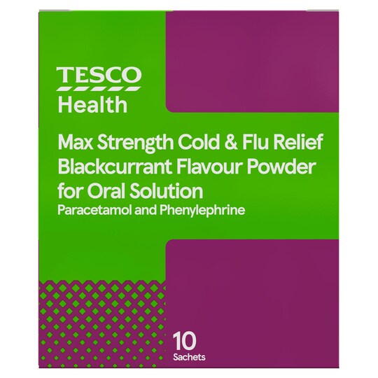 Tesco Max Strength Blackcurrant Cold And Flu 10S Tesco Groceries