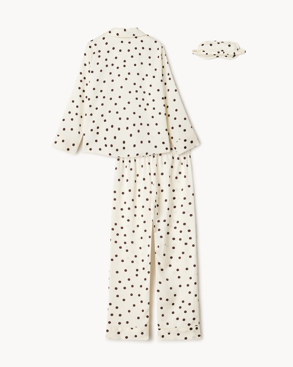 image 1 of F&F Girls 3-Piece Satin Polka Dot Pyjama Set with Eye Mask in Cream