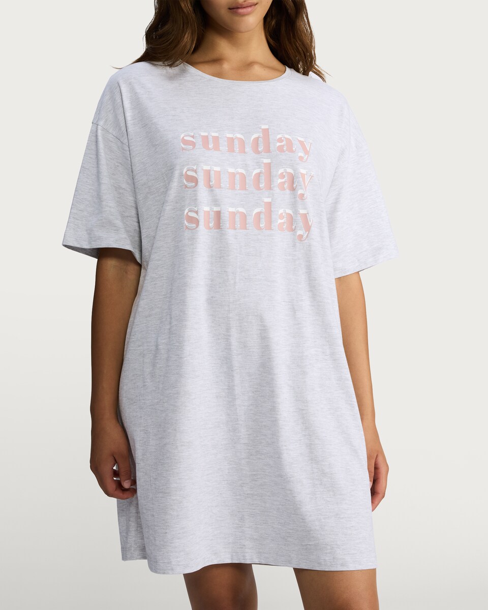 image 1 of F&F Cotton Rich Sunday Print Short Sleeved Nightdress in Grey