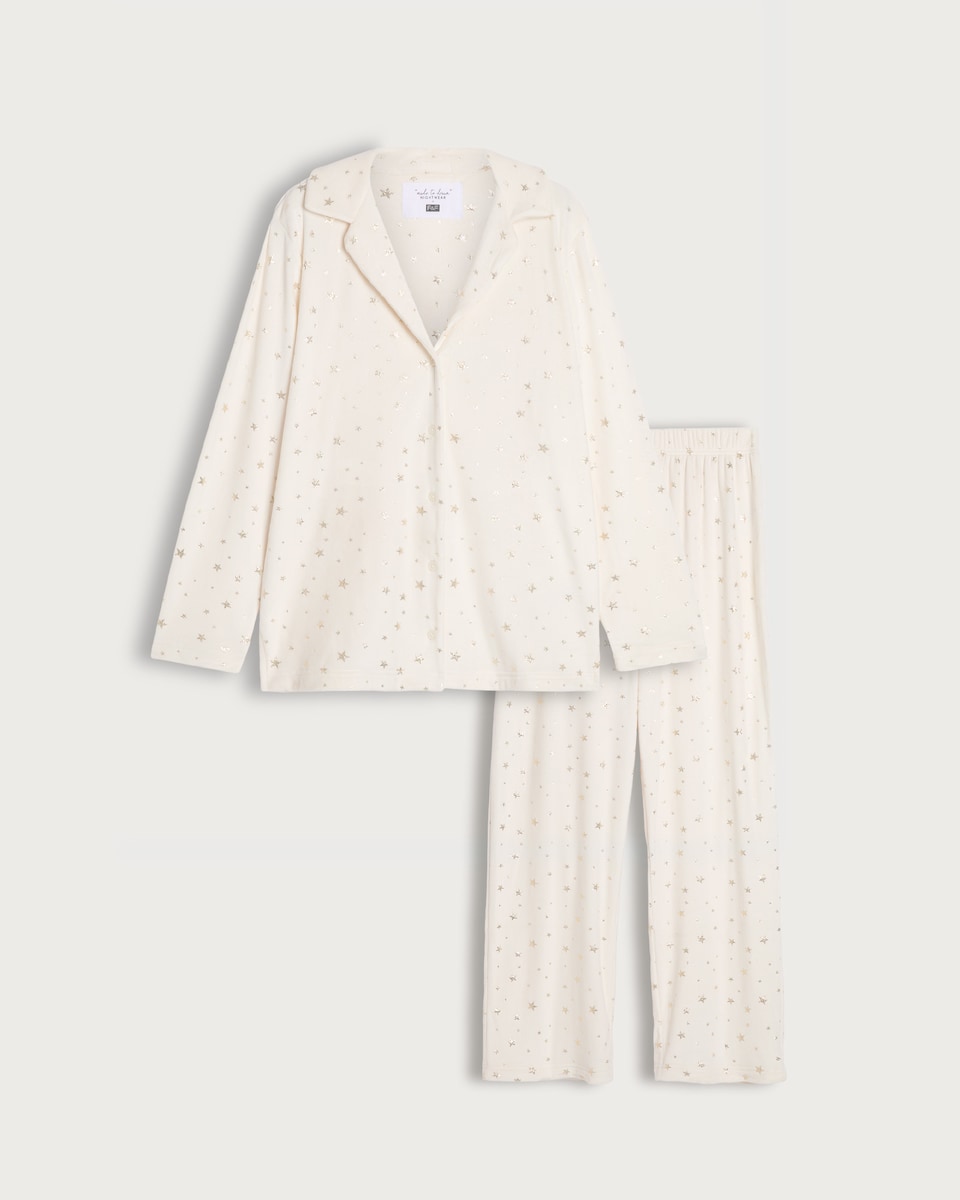 image 1 of F&F Star Print Shirt and Trousers Revere Pyjama Set in Cream