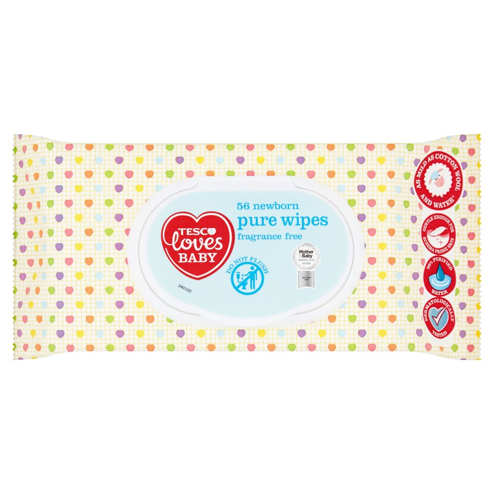 Tesco Loves Baby Pure Newborn Wipes Fragrance Free 56 Pack