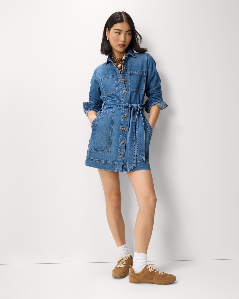 image 1 of F&F Pure Cotton Denim Belted Mini Dress in Blue