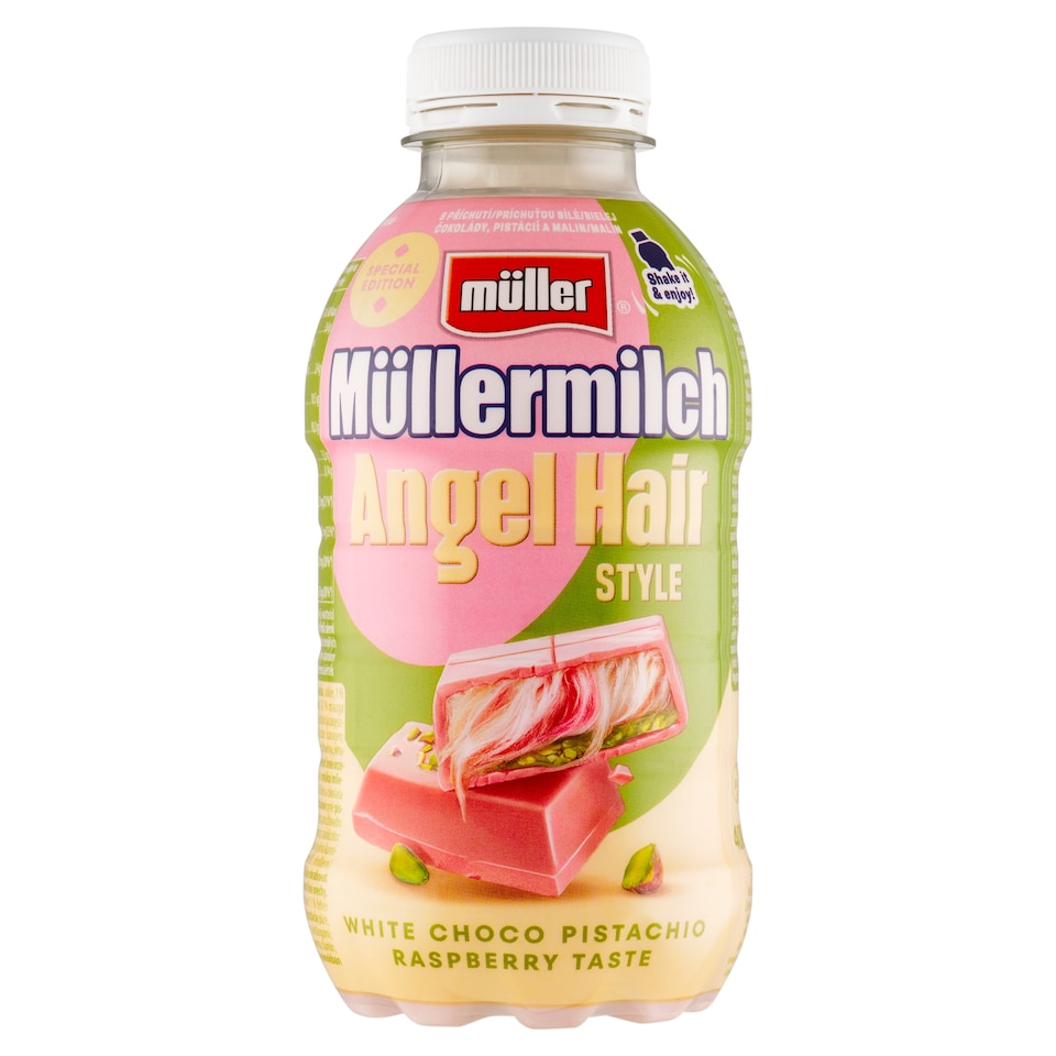 Obrázek 1 pro produkt Müller Müllermilch Mléčný nápoj s příchutí bílé čokolády pistácií a malin 400g