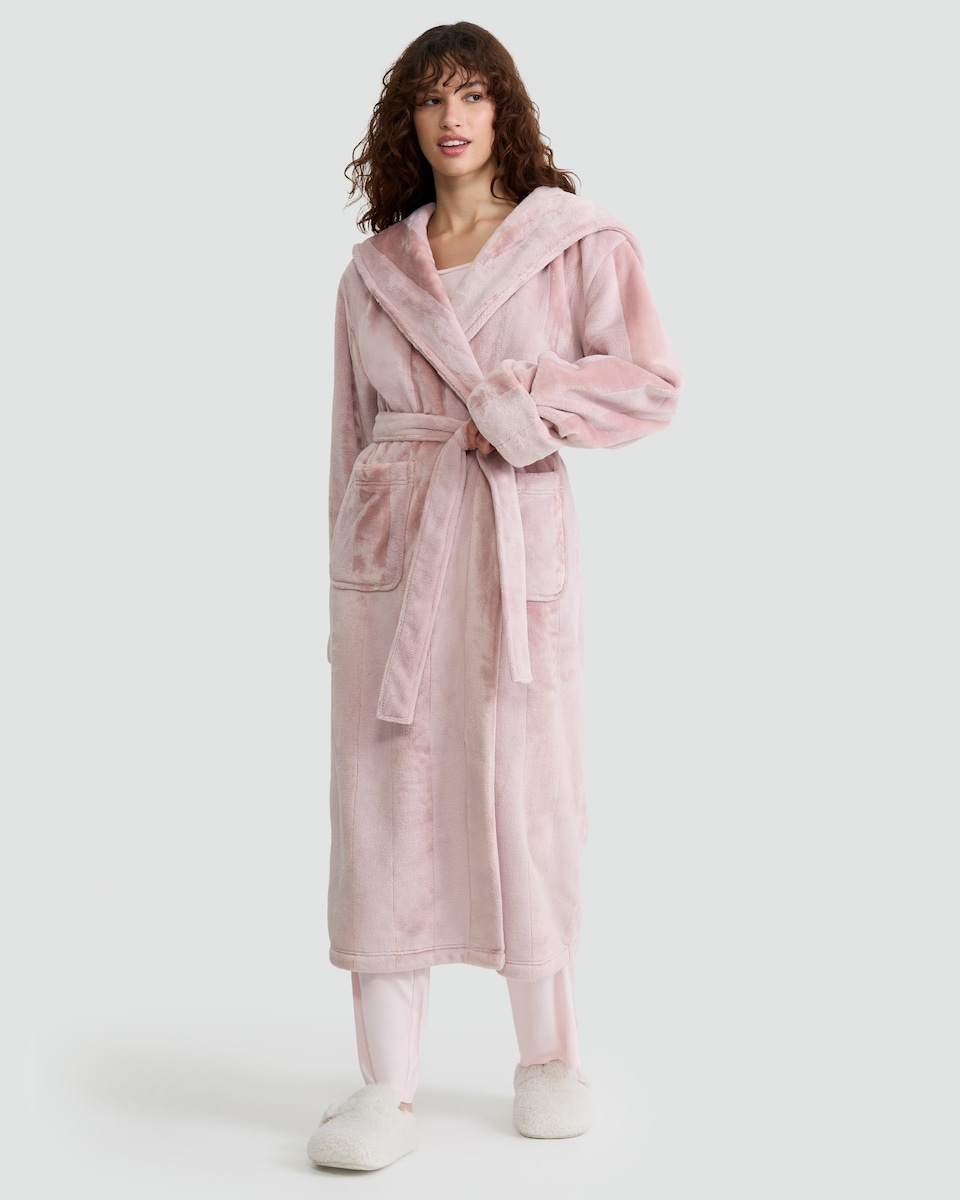 image 1 of F&F Fleece Stripe Hooded Dressing Gown in Pink