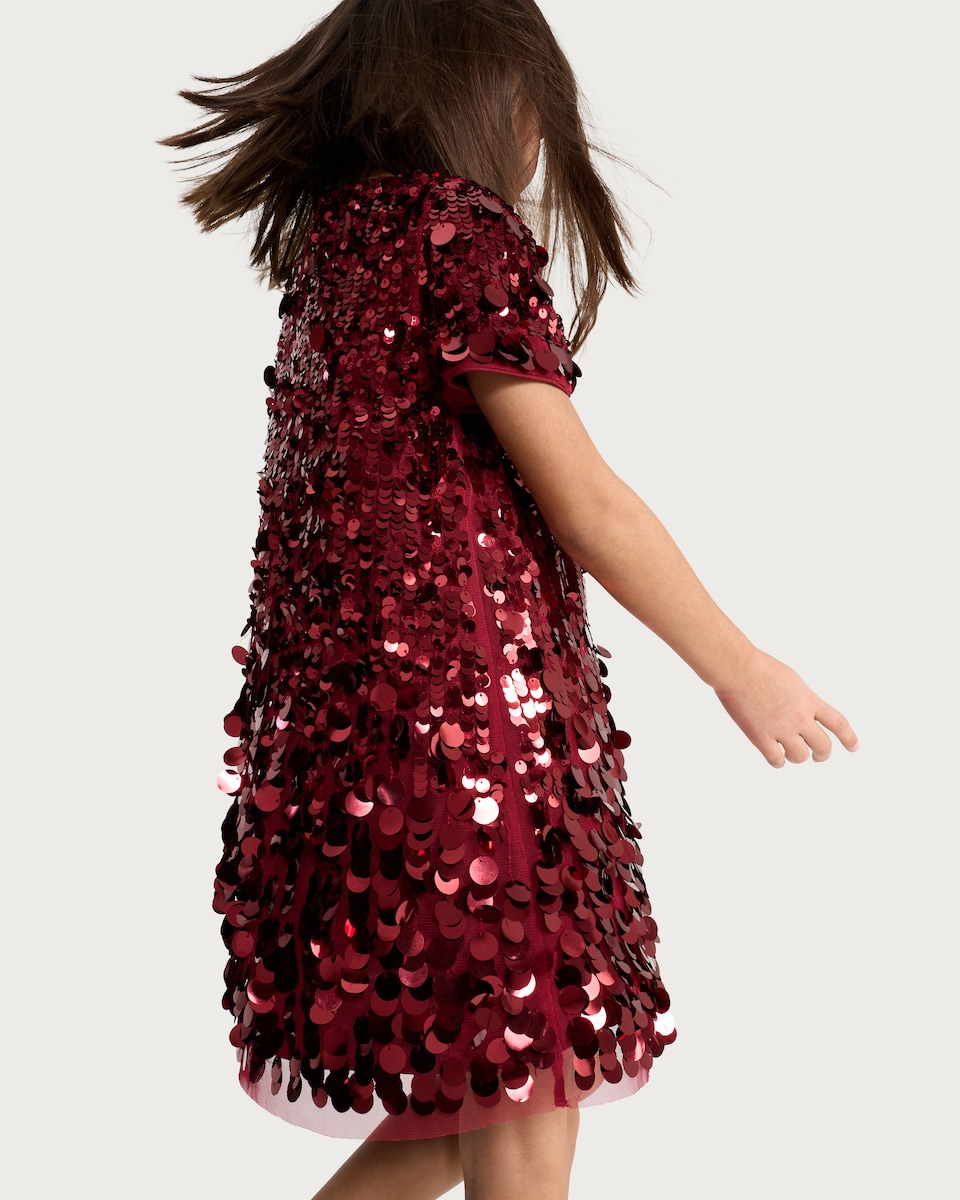 image 1 of F&F Girls Sequin Embellished Short Sleeved Dress in Burgundy