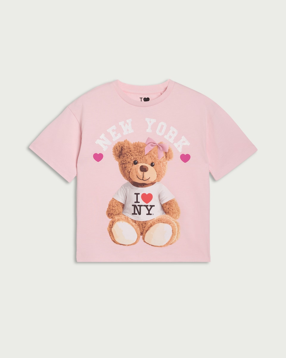image 1 of F&F Girls Pure Cotton New York Teddy T-Shirt in Multi