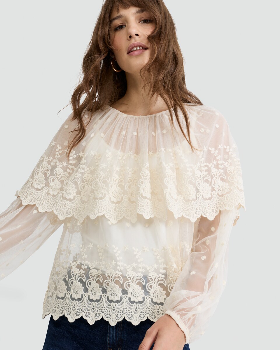 image 1 of F&F Embroidered Sheer Long Sleeved Blouse in Ivory