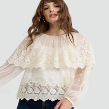 F&F Embroidered Sheer Long Sleeved Blouse in Ivory