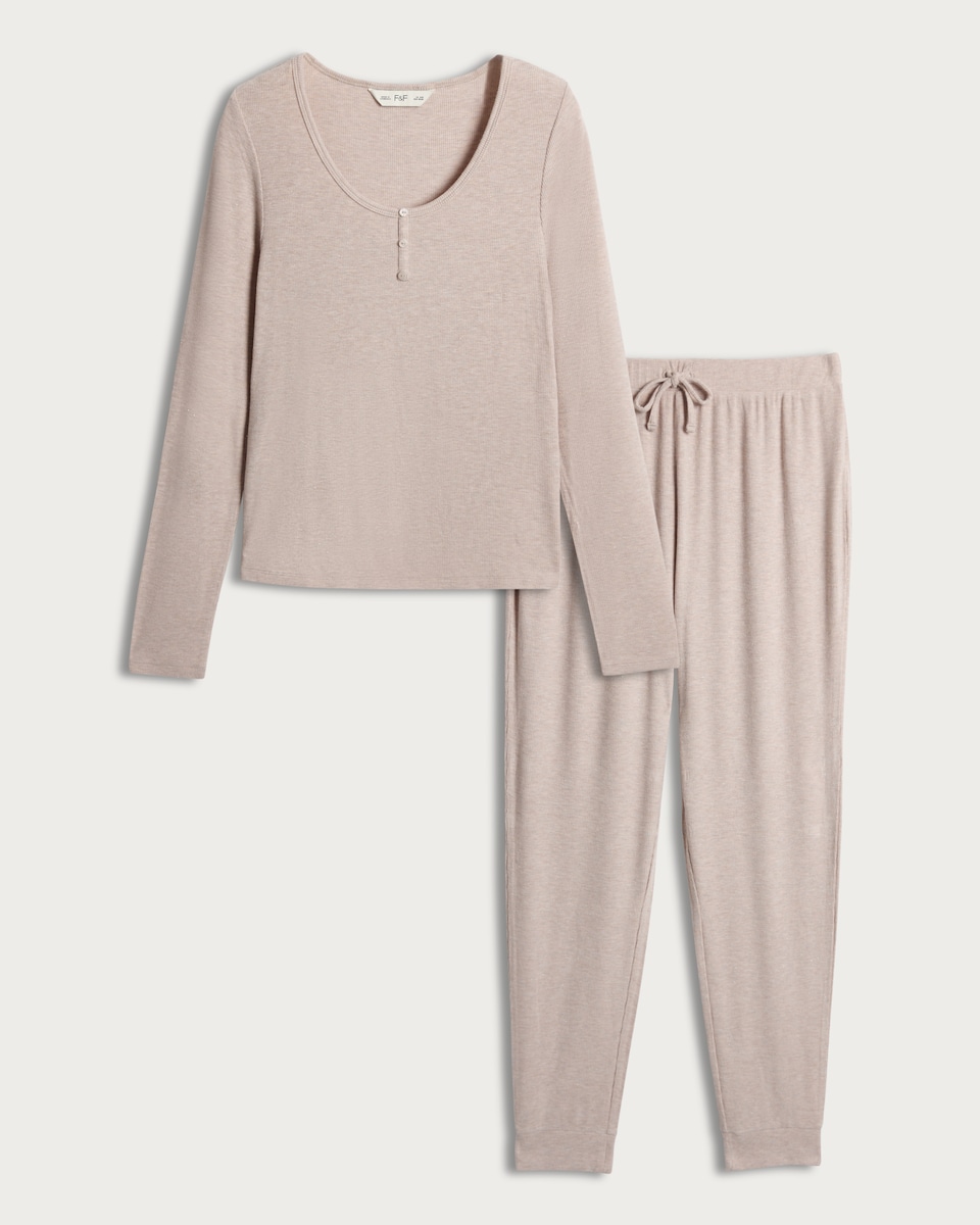 image 1 of The F&F Edit Henley Top and Drawstring Bottoms Pyjamas in Cream