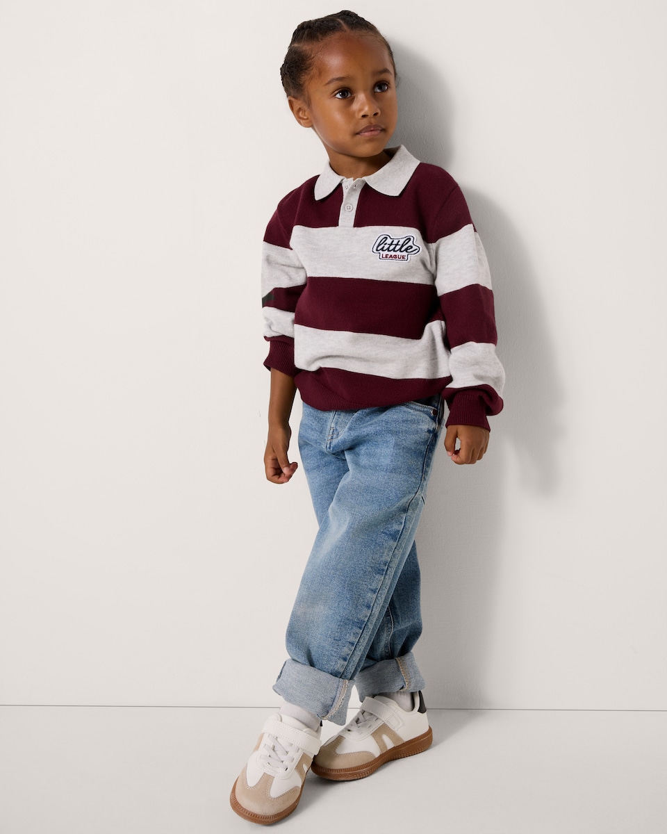 image 1 of F&F Boys Striped Little League Rugby Jumper in Burgundy