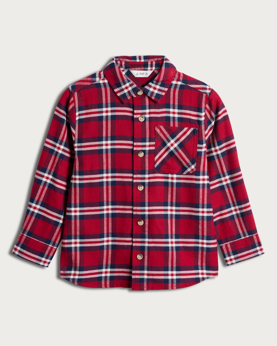 image 1 of F&F Boys Pure Cotton Check Print Long Sleeved Shirt in Red