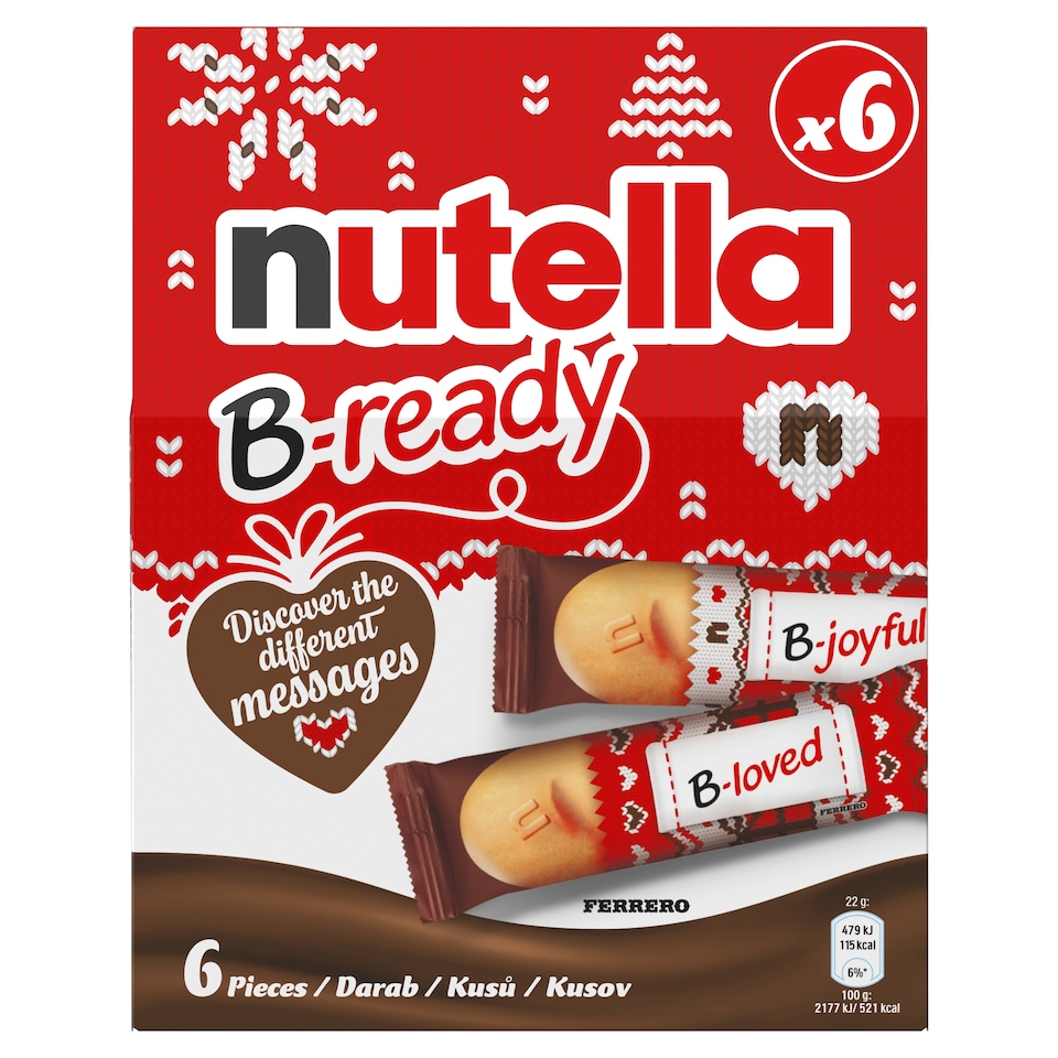 Nutella B-ready Oblátka plnená nátierkou z lieskovcov a kakaa a malými pšeničnými chrumkami 6 x 22 g