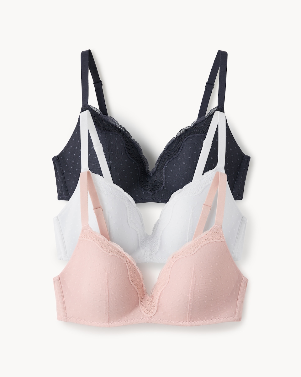 image 1 of F&F 3-Pack Mesh Polka Dot Lace Trim Non Wired Padded Bras in Multi