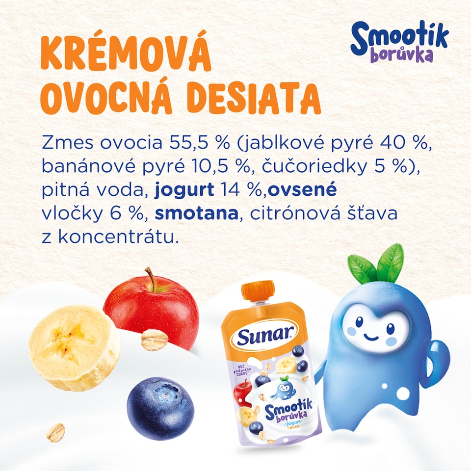 obrázok 1 z Sunar Smootík detská kapsička čučoriedka, jogurt, ovsené vločky 12m+, 120 g