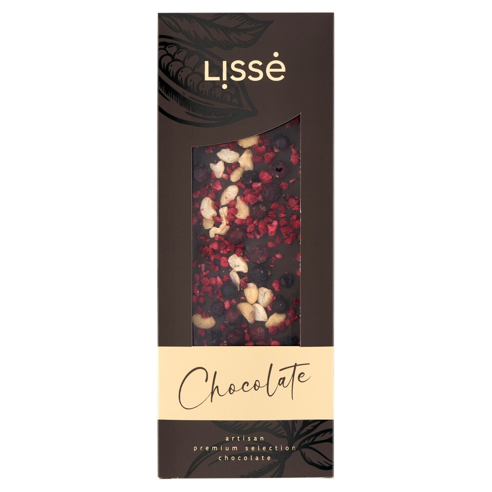 Lissé étcsokoládé liofilizált ribizlivel, kesudióval és liofilizált málnával 100 g