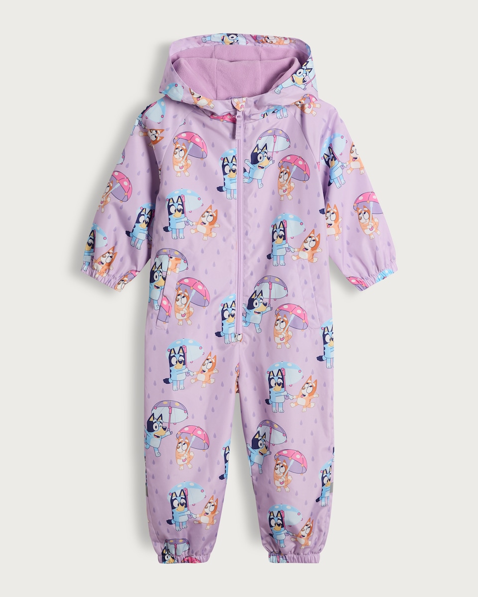 image 1 of Bluey Rainy Day Print Hooded Puddlesuit in Purple