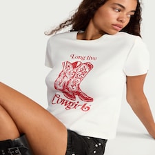 OH ME OH MY Cotton Rich Long Live Cowgirls Slogan T-Shirt in Cream