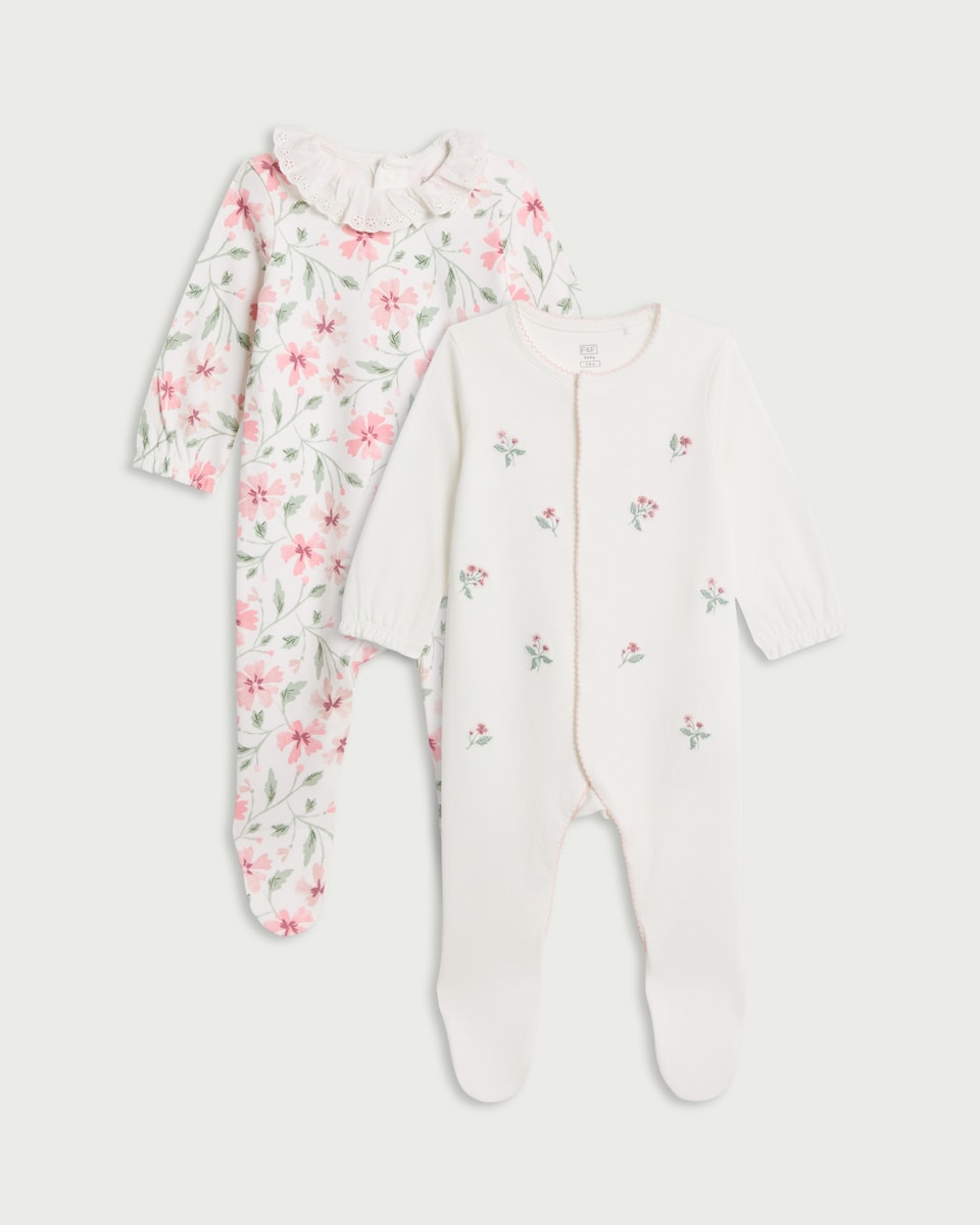 image 1 of F&F Baby 2-Pack Pure Cotton Floral Print Sleepsuits in White