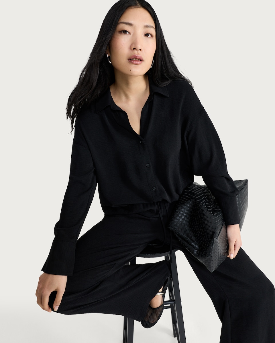 image 1 of F&F Button Up Collared Co-ord Shirt in Black