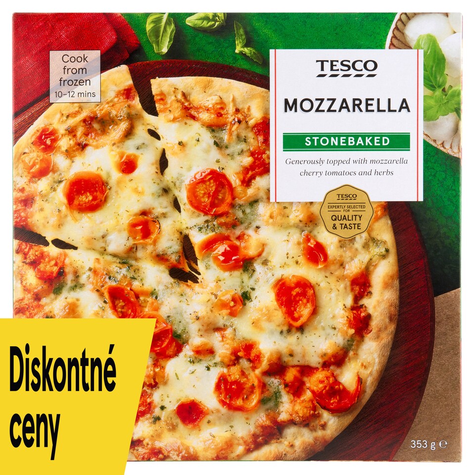 Tesco Pizza pečená v kamennej peci so syrmi mozzarella, eidam a cherry paradajkami 353 g