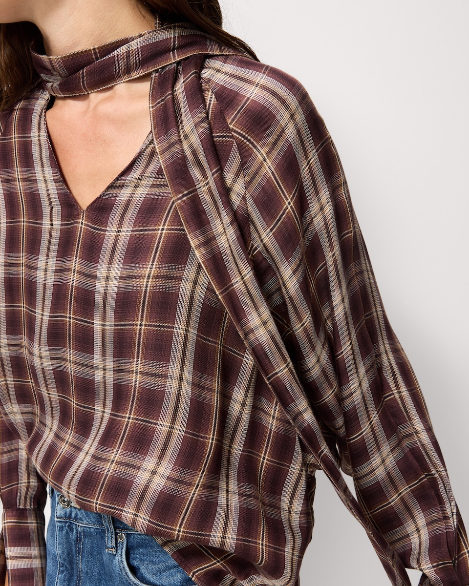 image 1 of F&F Checked Tie Neck Blouse in Multi Red