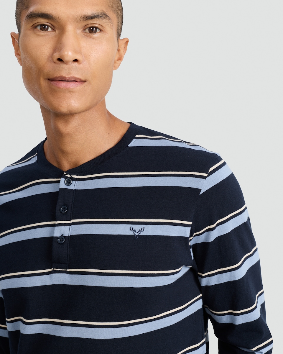 image 1 of F&F Pure Cotton Stripe Print Henley Top and Joggers Pyjamas in Navy