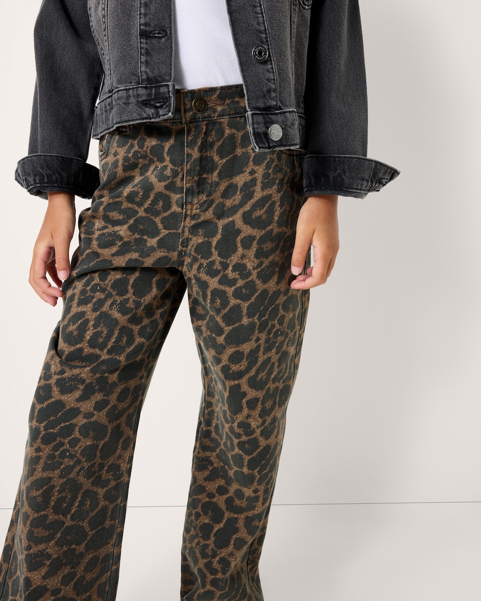 image 1 of F&F Girls Pure Cotton Leopard Print Wide Leg Jeans in Brown