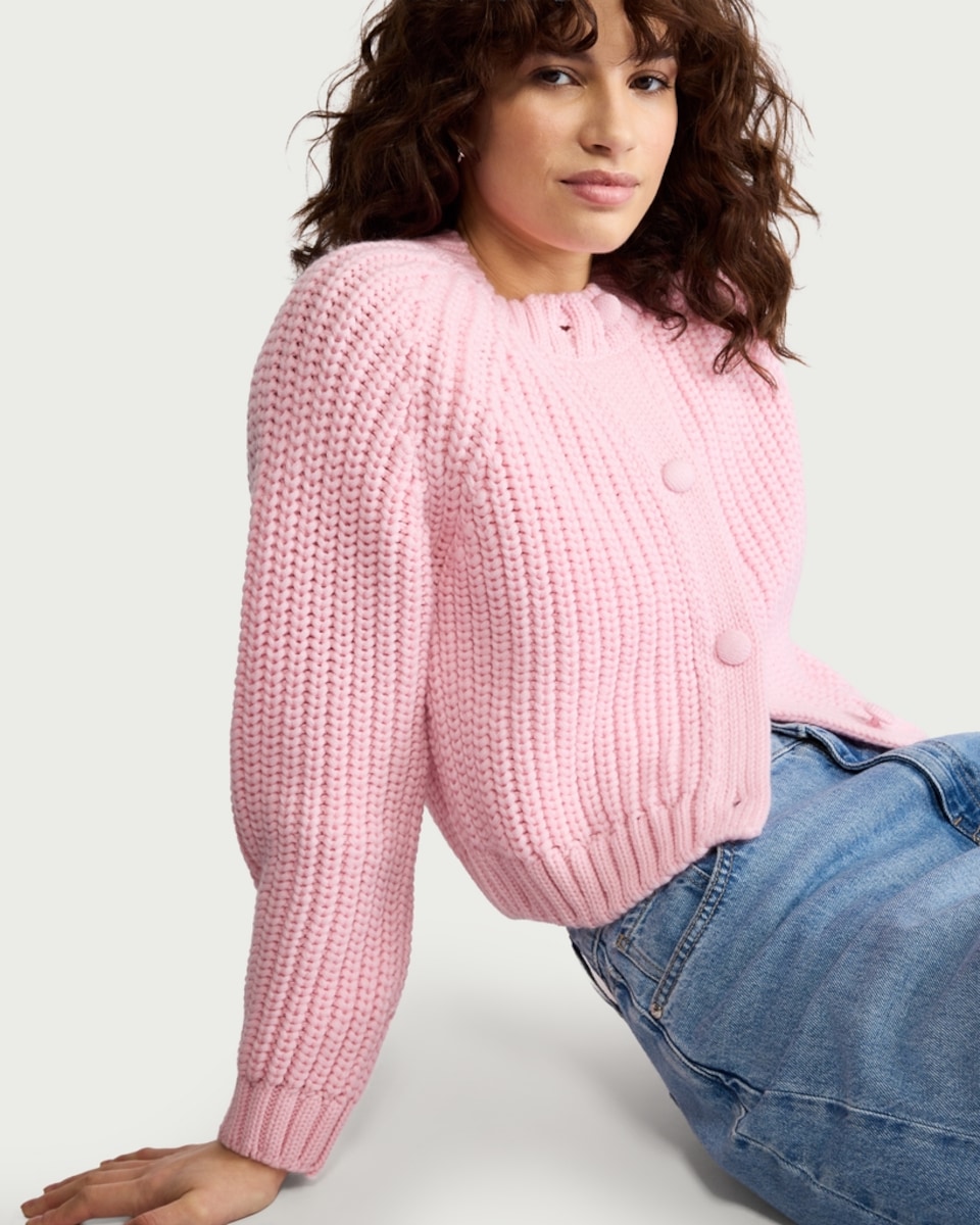 image 1 of F&F Chunky Knit Button Up Cardigan in Pink