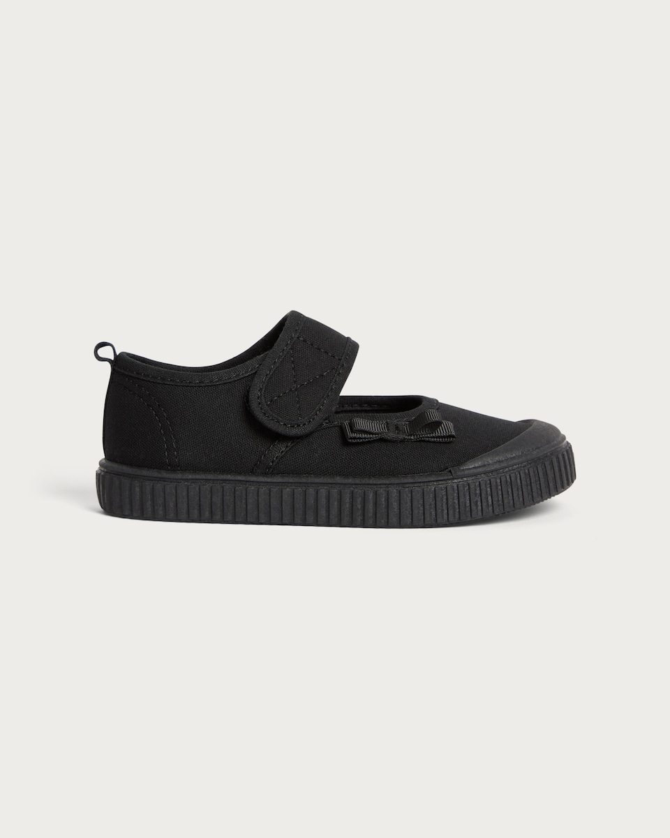 image 1 of F&F School Girls Bow Detail Mary Jane Plimsolls in Black