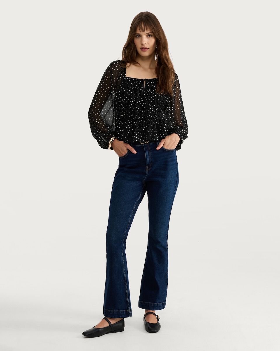 image 1 of F&F Shirred Polka Dot Print Blouse in Multi Black White
