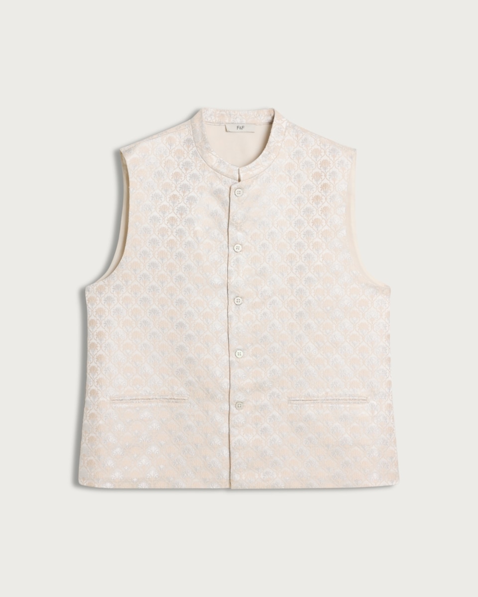 image 1 of F&F Patterned Buttoned Waistcoat in Cream