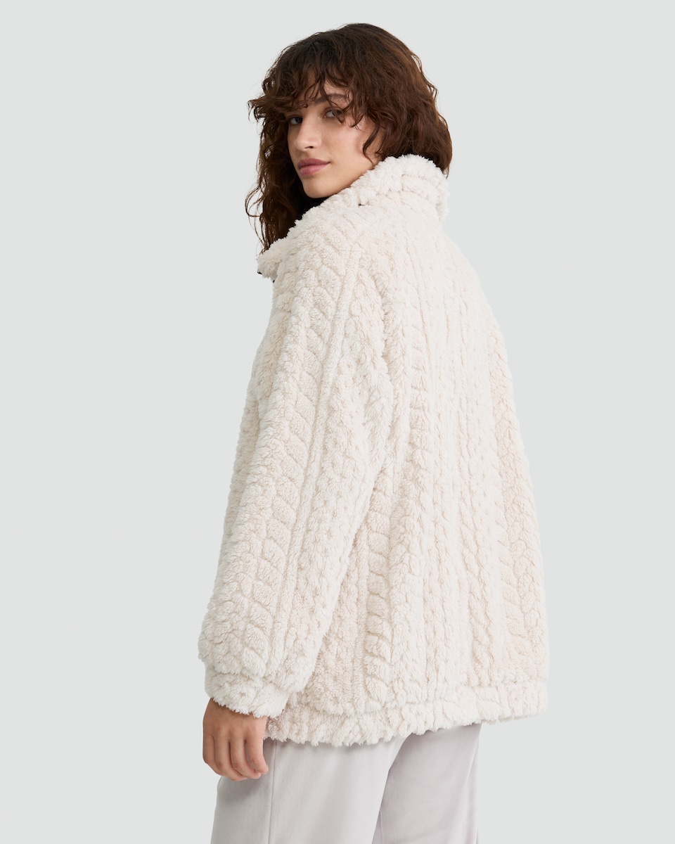 image 1 of F&F Fleece Cable Knit Zip Up Pyjama Jacket in Cream