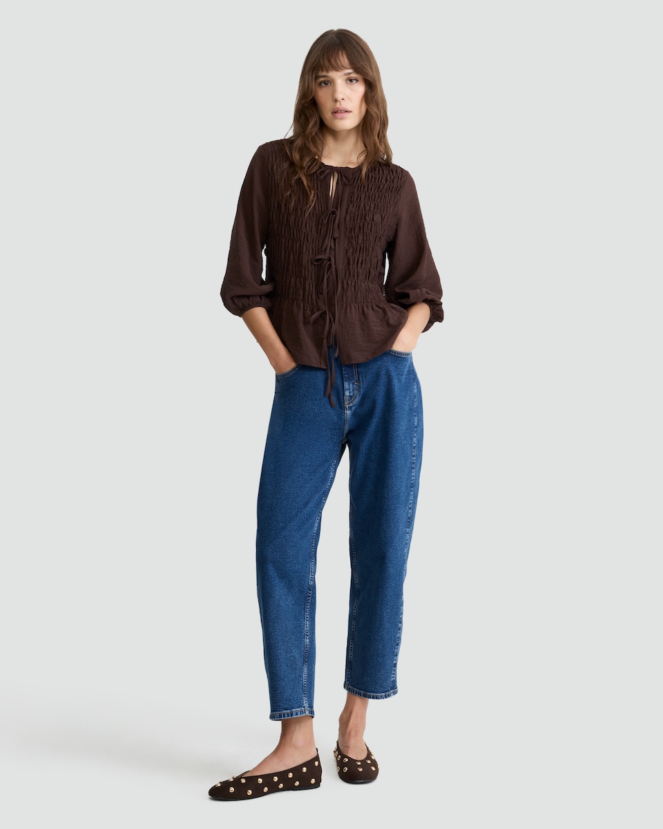 image 1 of F&F Textured Smocked Tie-Front Blouse in Brown