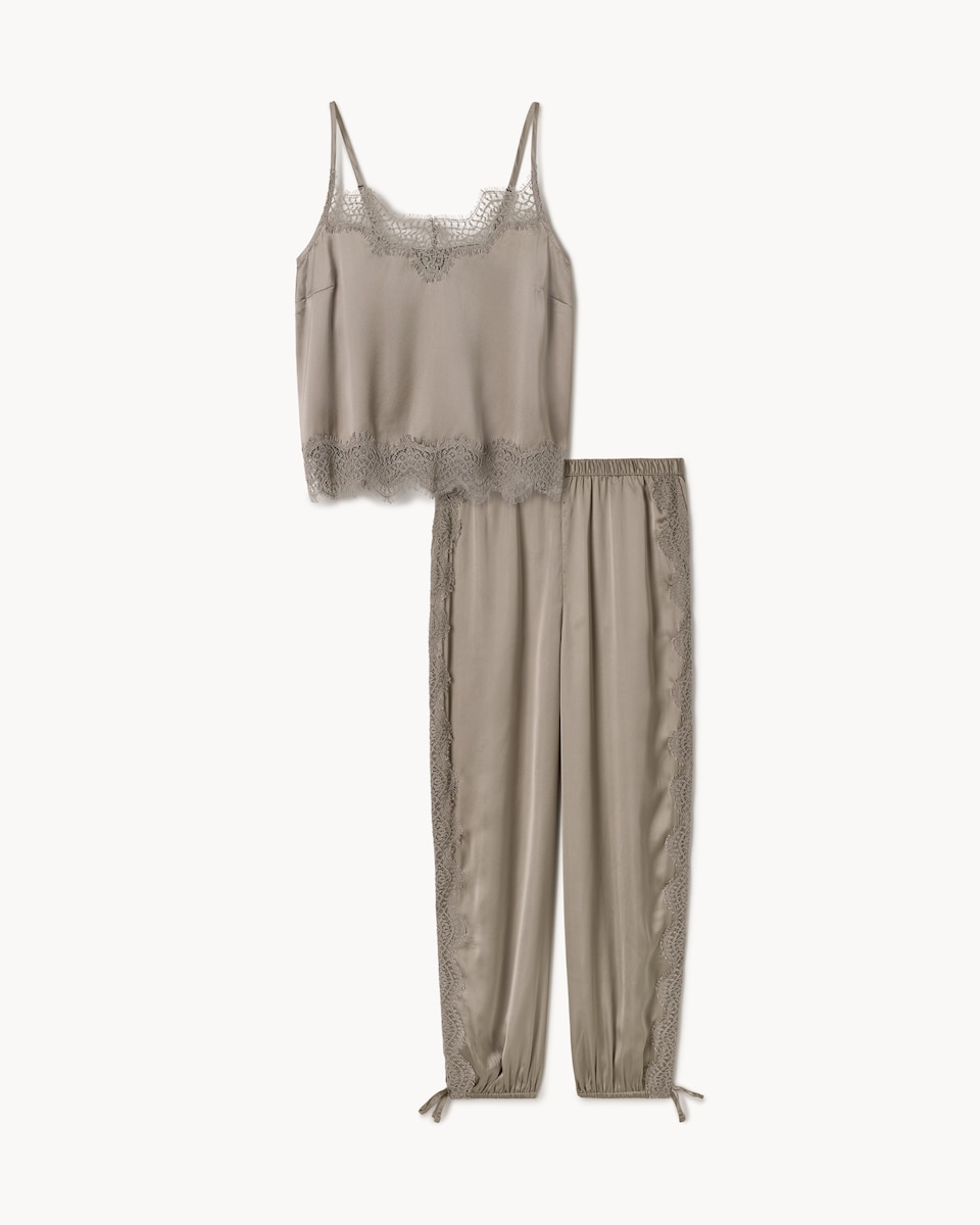image 1 of F&F Satin Lace Trim Pyjama Set in Mink