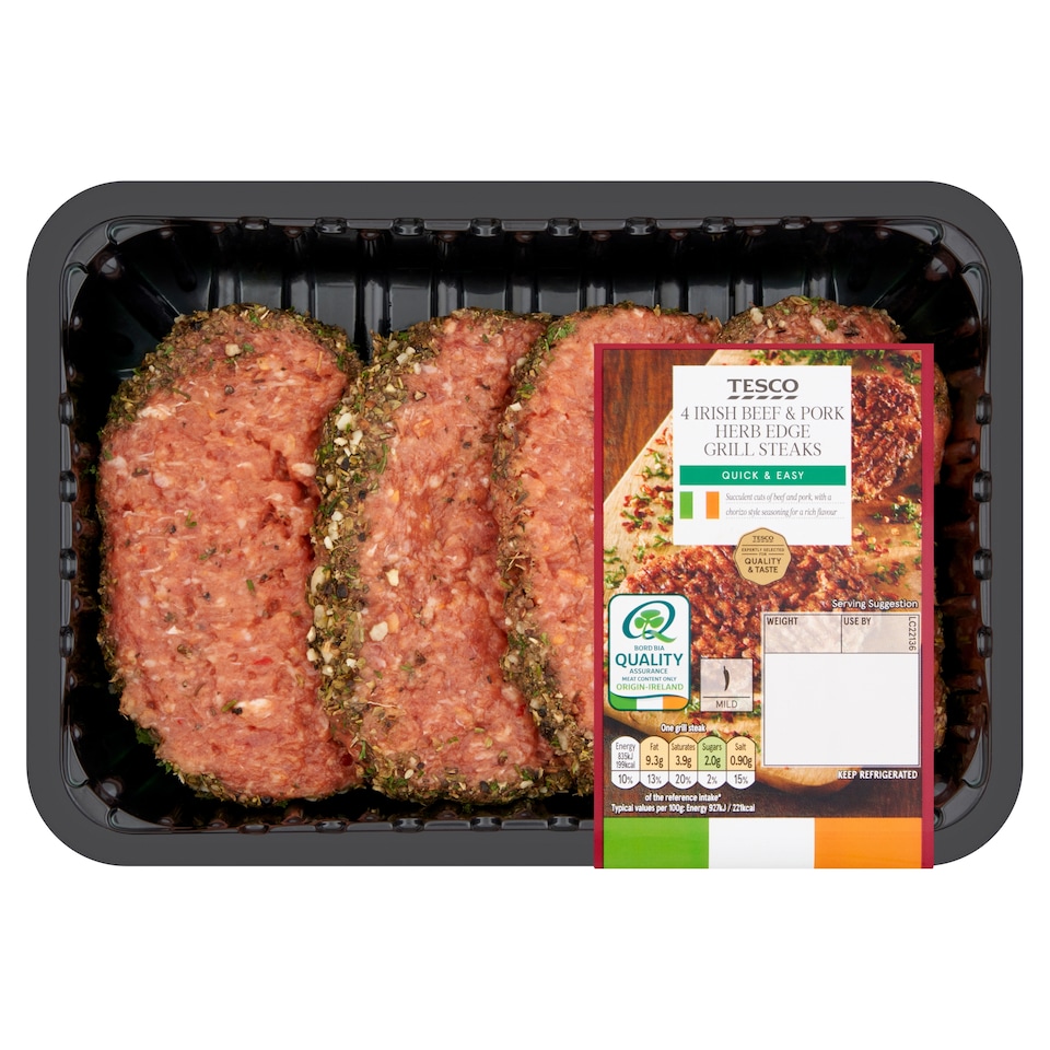 Tesco 4 Irish Beef and Pork Herb Edge Grill Steaks 454g
