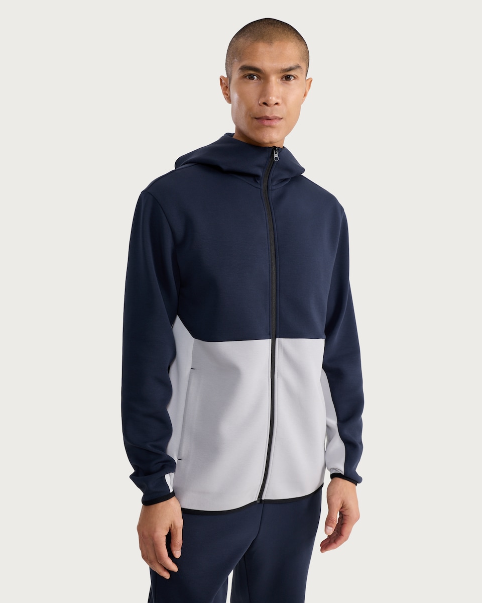 image 1 of F&F Active Tech Sport Regular Fit Colour Block Zip Through Hoodie in Navy