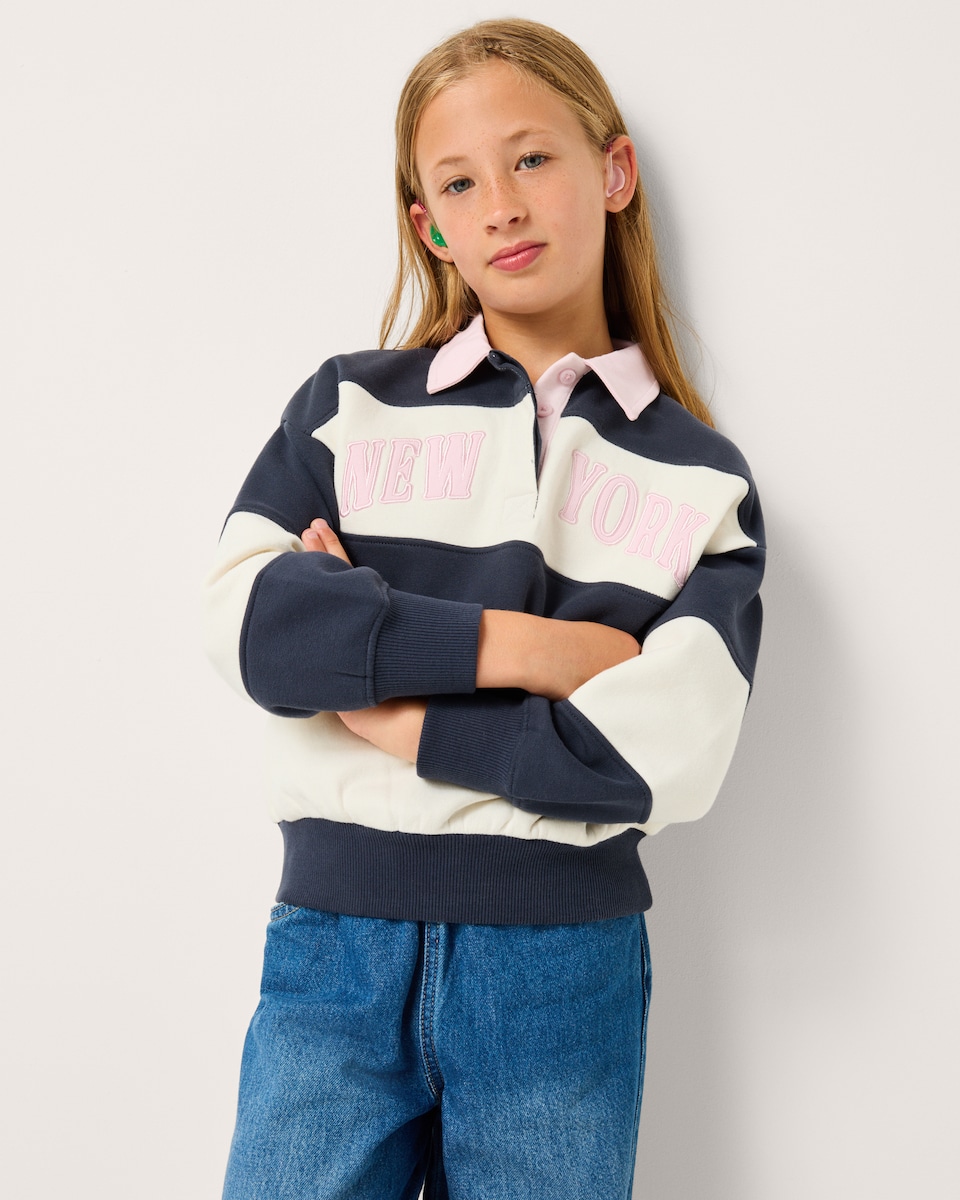 image 1 of F&F Girls Cotton Rich Striped Rugby Sweatshirt in Multi Blue