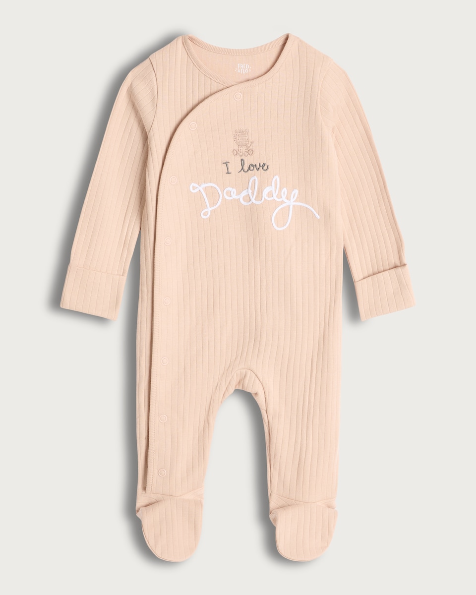 image 1 of F&F Baby Pure Cotton Ribbed I Love Daddy Sleepsuit in Neutral