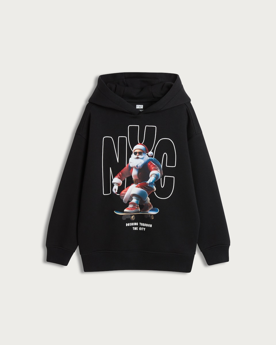 image 1 of F&F Boys Cotton Rich NYC Santa Skateboarding Hoodie in Black