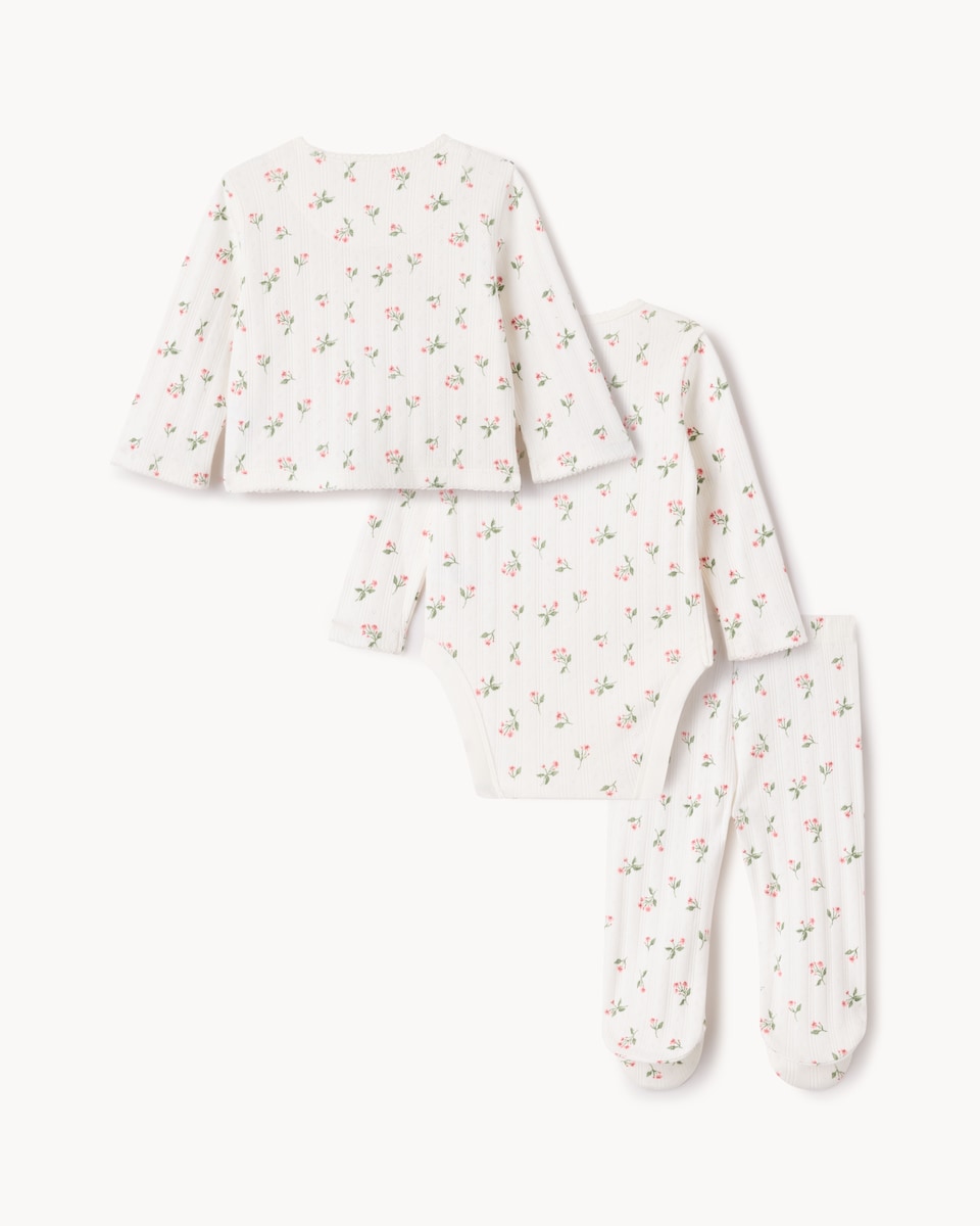 image 1 of F&F Baby 3-Piece Pure Cotton Pointelle Floral Cardigan, Bodysuit and Leggings Set in White