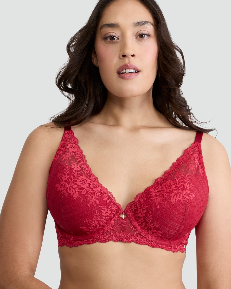 image 1 of F&F Fuller Bust Floral Lace Detail Underwired Plunge Bra in Red