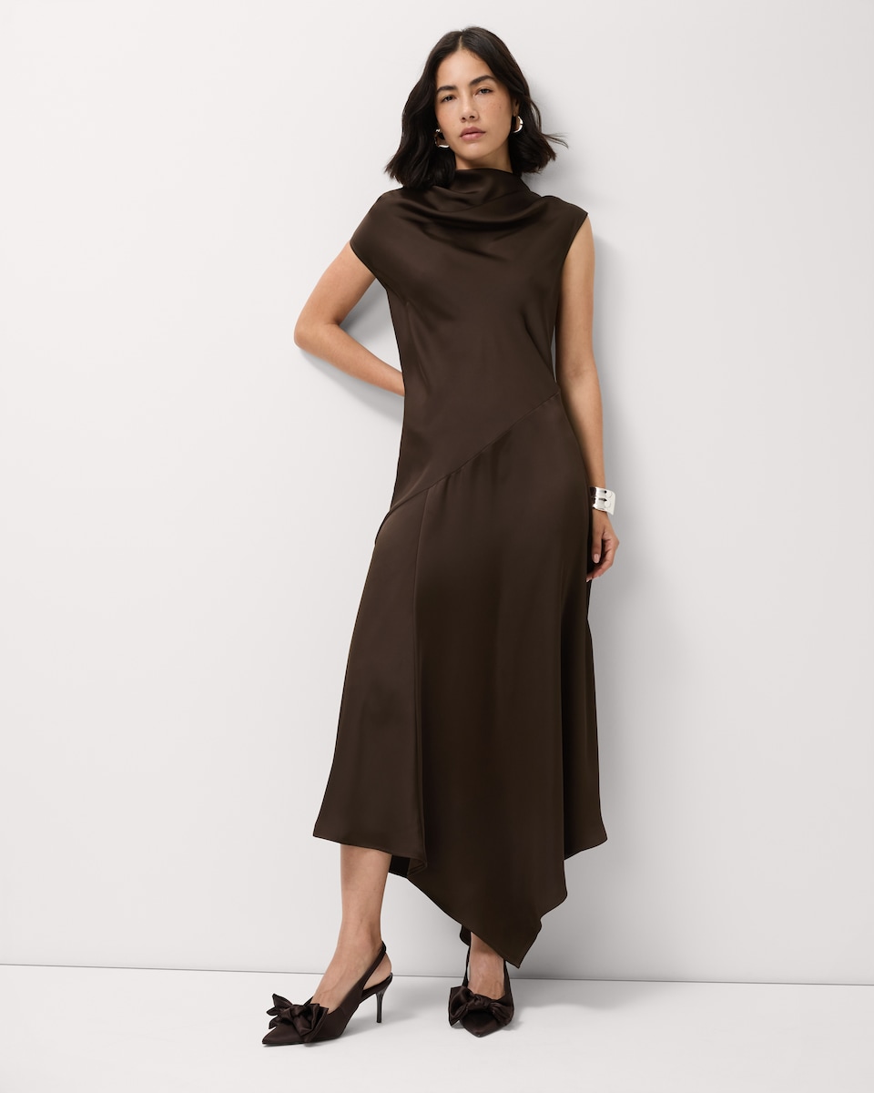 image 1 of F&F Satin Cowl Neck Midi Dress in Chocolate